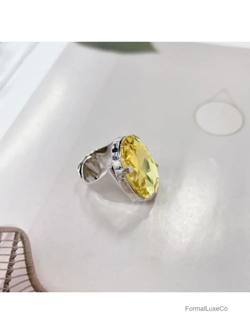 Oval Rhinestone Cocktail Ring, Chunky Open Knuckle Band, Adjustable, Wedding